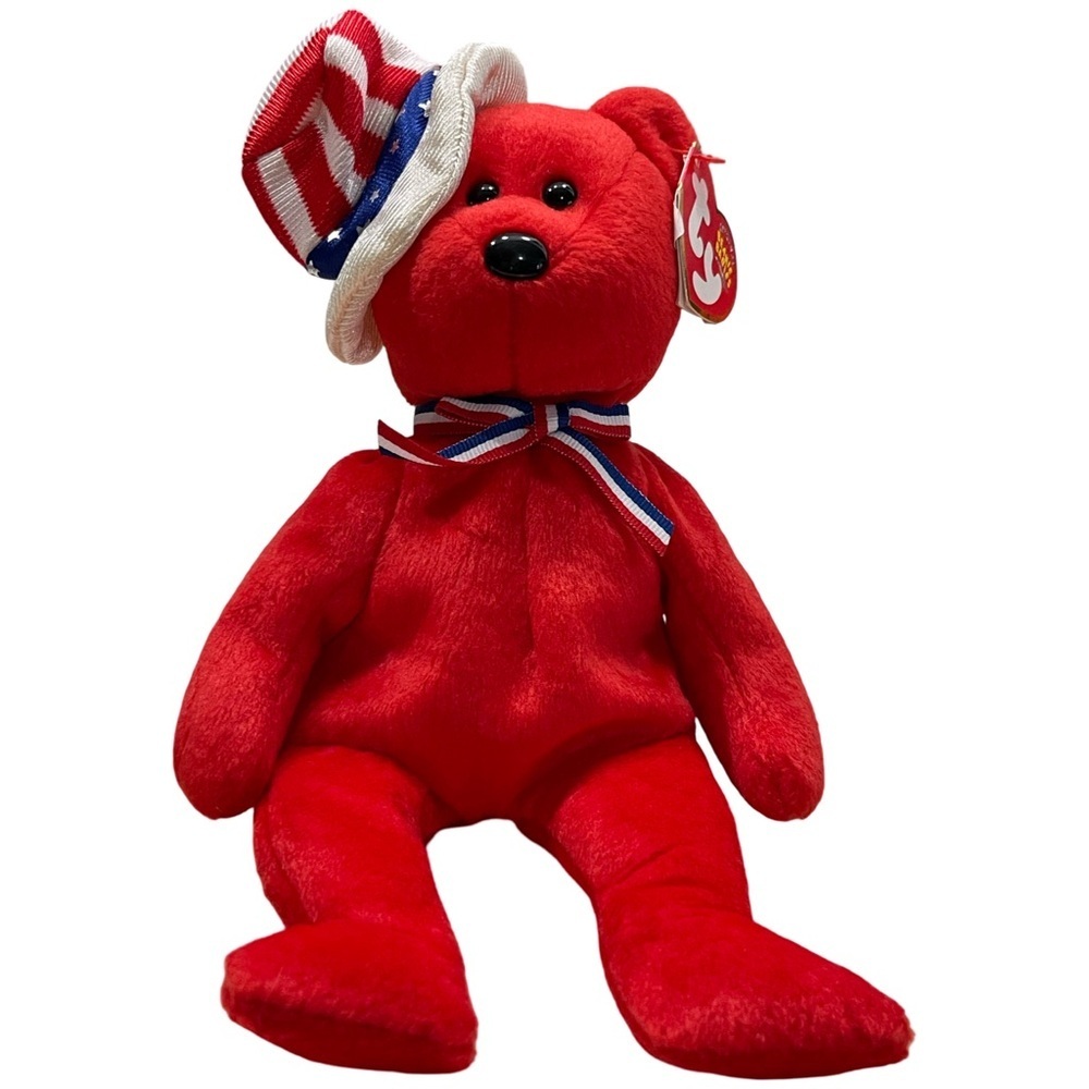 SAM Red Ty Beanie Baby Bear with Patriotic Hat! RARE RETIRED